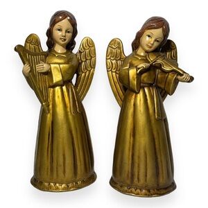 Brinns Christmas Angel Pair Figurine Choir Harp Violin Music Antique Gold Patina